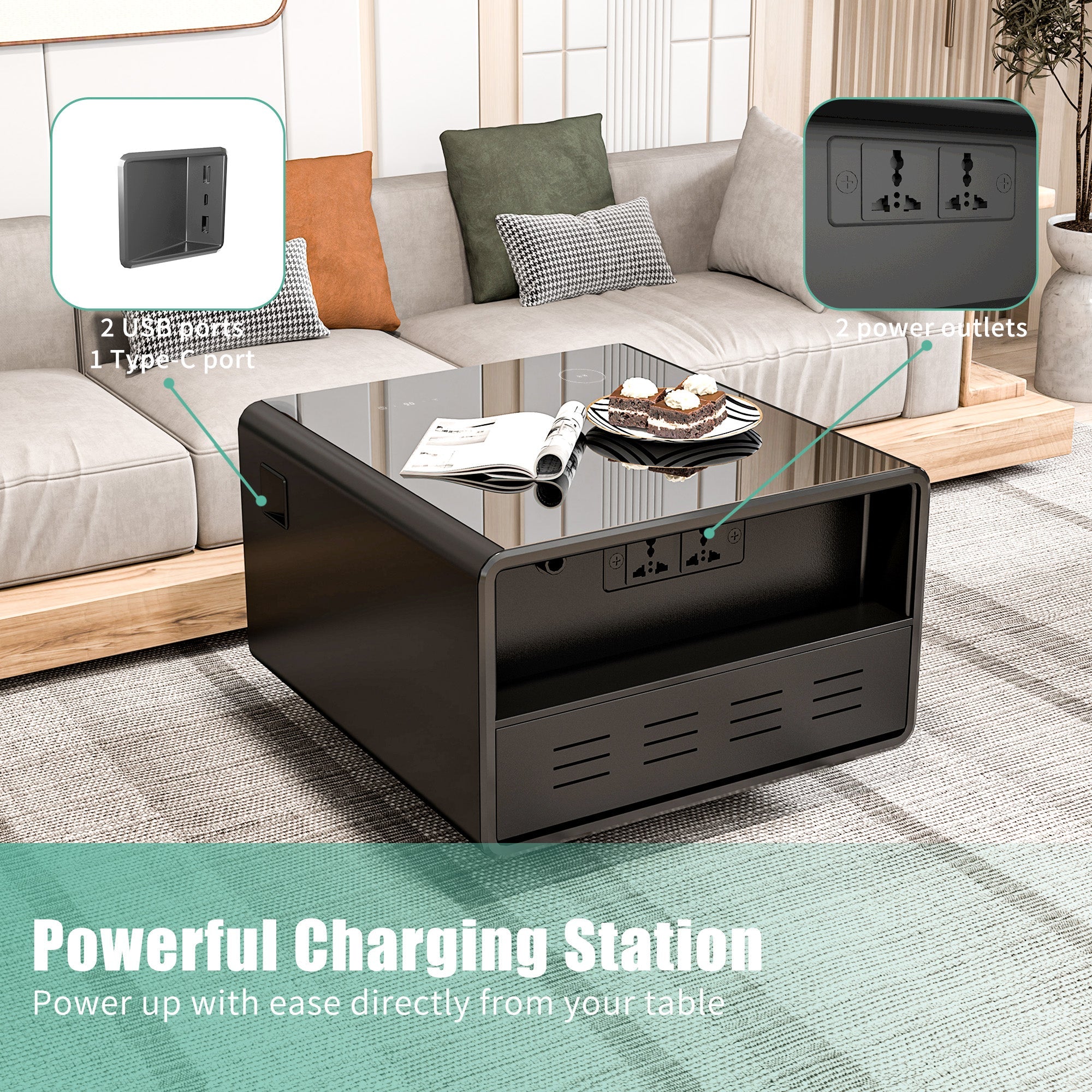 Modern Smart Side Table with Built - in Fridge Wireless Charging Black