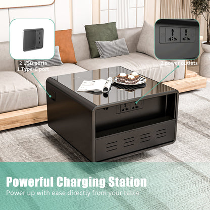 Modern Smart Side Table with Built - in Fridge Wireless Charging Black