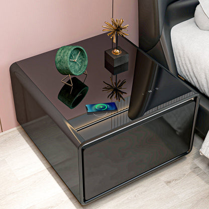 Modern Smart Side Table with Built - in Fridge Wireless Charging Black