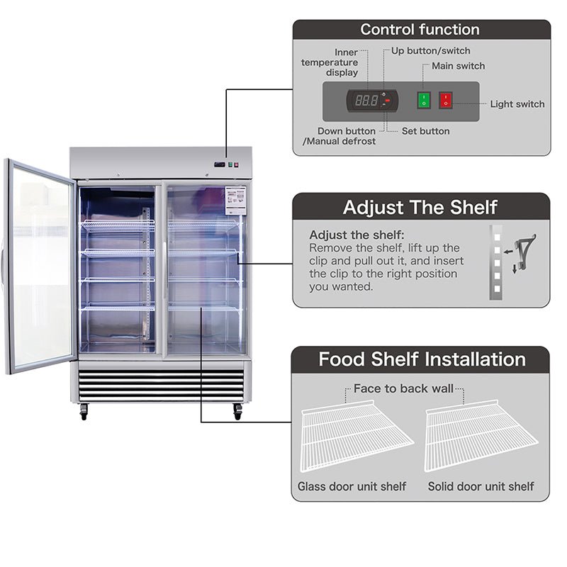 Refrigerator 2 Section 2 Glass Door Stainless Steel Display 42.2 Cu.ft. Reach - in