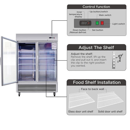 Refrigerator 2 Section 2 Glass Door Stainless Steel Display 42.2 Cu.ft. Reach - in