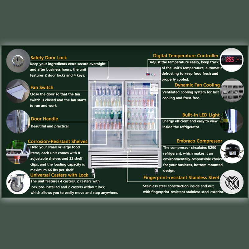 Refrigerator 2 Section 2 Glass Door Stainless Steel Display 42.2 Cu.ft. Reach - in