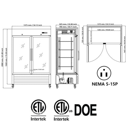 Refrigerator 2 Section 2 Glass Door Stainless Steel Display 42.2 Cu.ft. Reach - in