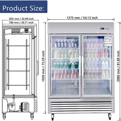 Refrigerator 2 Section 2 Glass Door Stainless Steel Display 42.2 Cu.ft. Reach - in