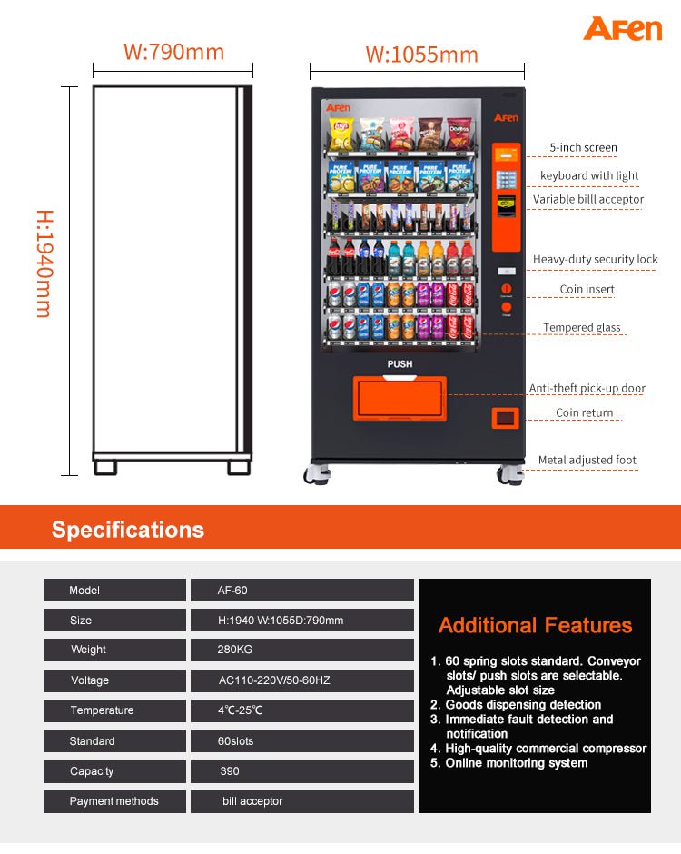 Snack & Drink Combo Vending Machine Refrigerated 60 Bill Acceptor