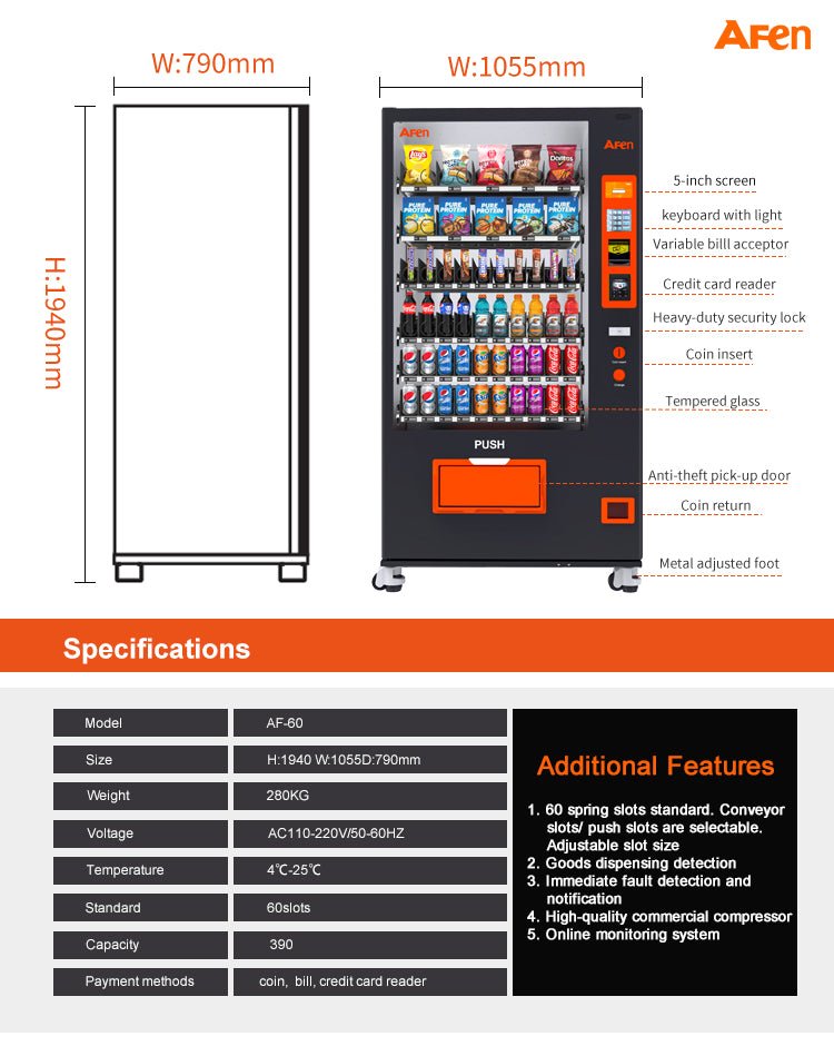 Snack & Drink Combo Vending Machine Refrigerated 60 Bill Coin and Card