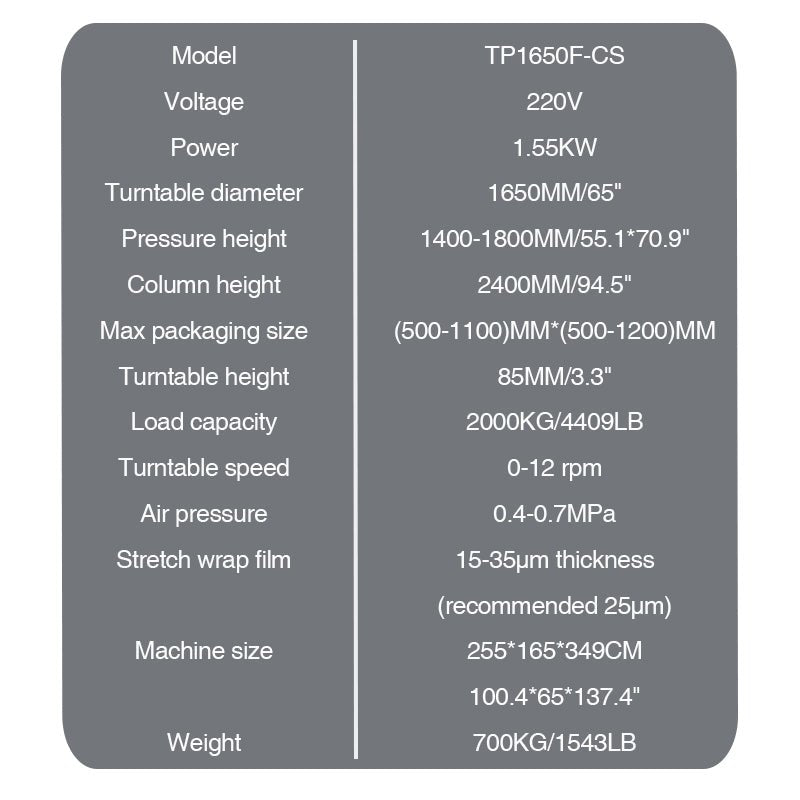 TP1650F - CS Pneumatic Top Press Pallet Stretch wrapping Machine, Semi - automatic Stretch Film Wrapper Packing Machine