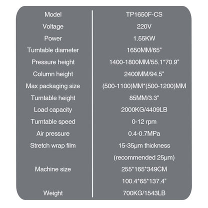 TP1650F - CS Pneumatic Top Press Pallet Stretch wrapping Machine, Semi - automatic Stretch Film Wrapper Packing Machine