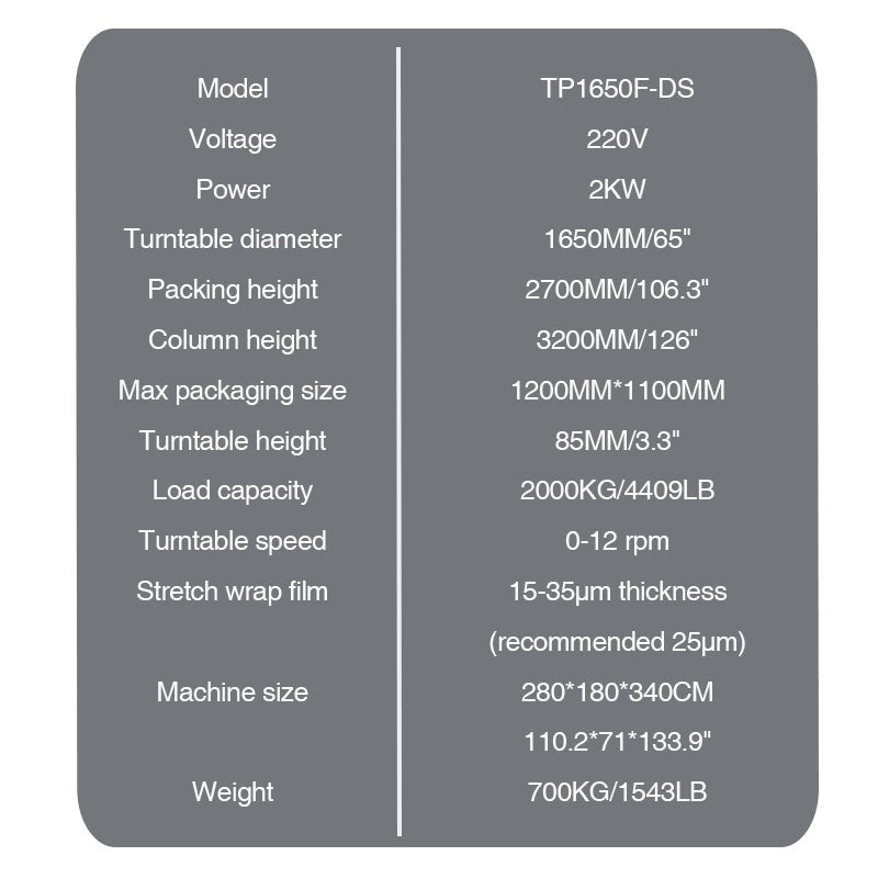 TP1650F - DS Electric Top Press Side Film Frame Pallet Stretch Wrapping Machine, Stretch Film Wrapper Packing Machine