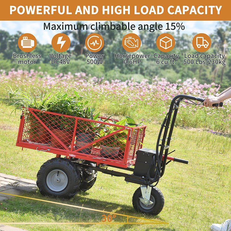 Wheelbarrow Utility Cart Electric Powered Cart 48V28Ah 500W Capacity 500lbs Material Hauler 1000lbs Towing