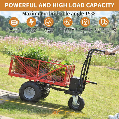 Wheelbarrow Utility Cart Electric Powered Cart 48V28Ah 500W Capacity 500lbs Material Hauler 1000lbs Towing