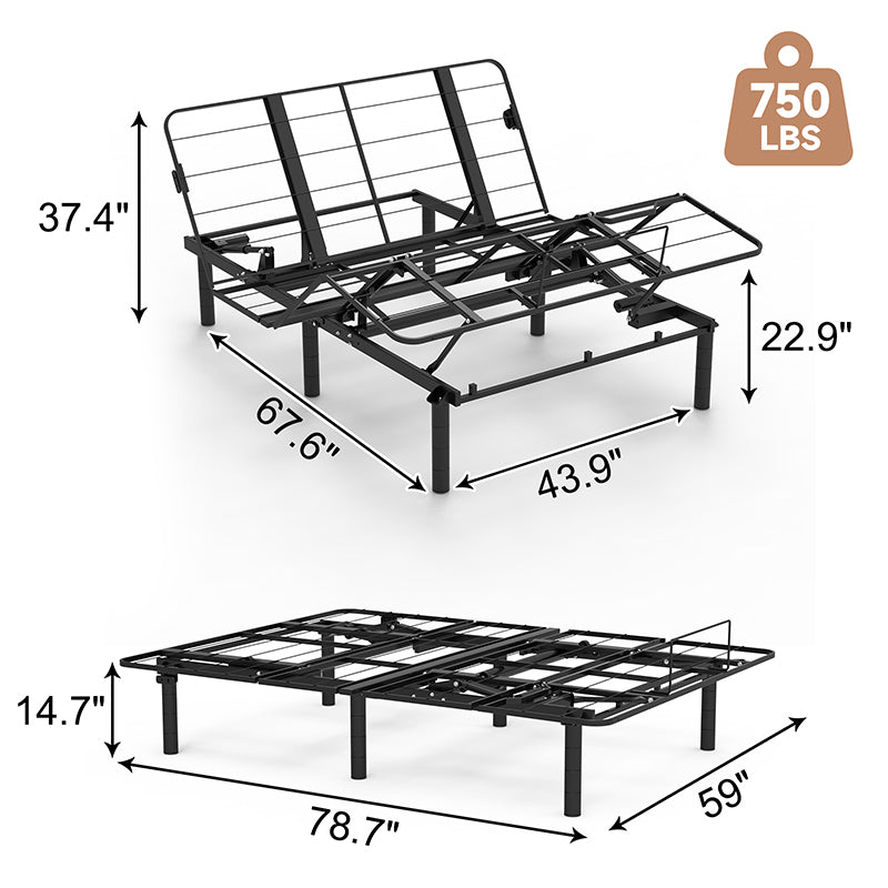 Zero - Clearance Adjustable Bed Base Frame Head and Foot Incline Quiet Motor Queen Size, Dual USB A+C Ports
